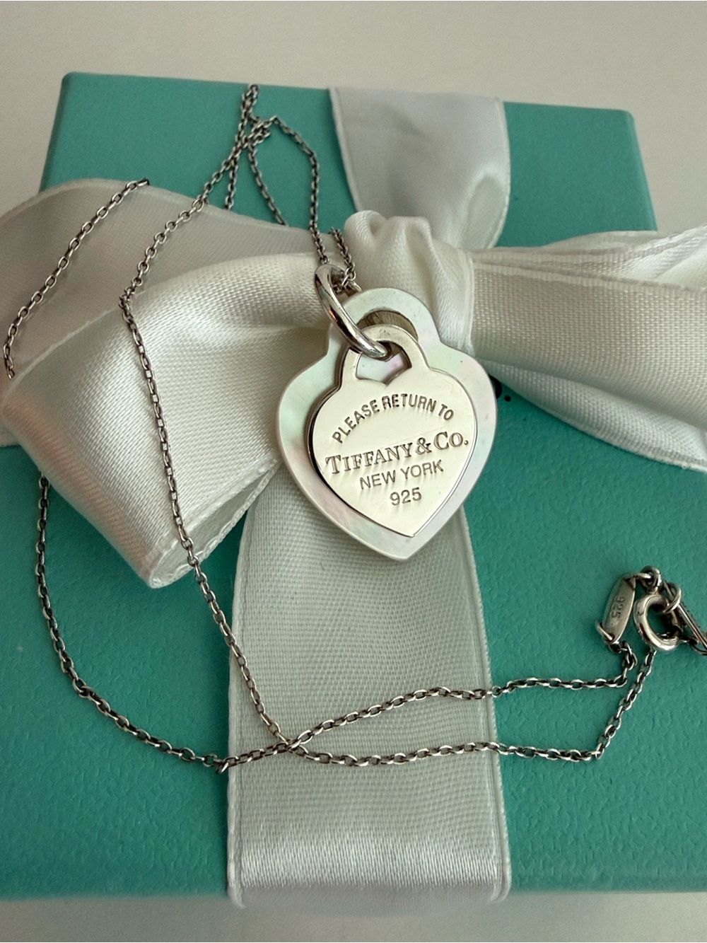 Tiffany & Co. Mother of Pearl & Small Heart Tag Necklace w/ Elsa Peretti Chain